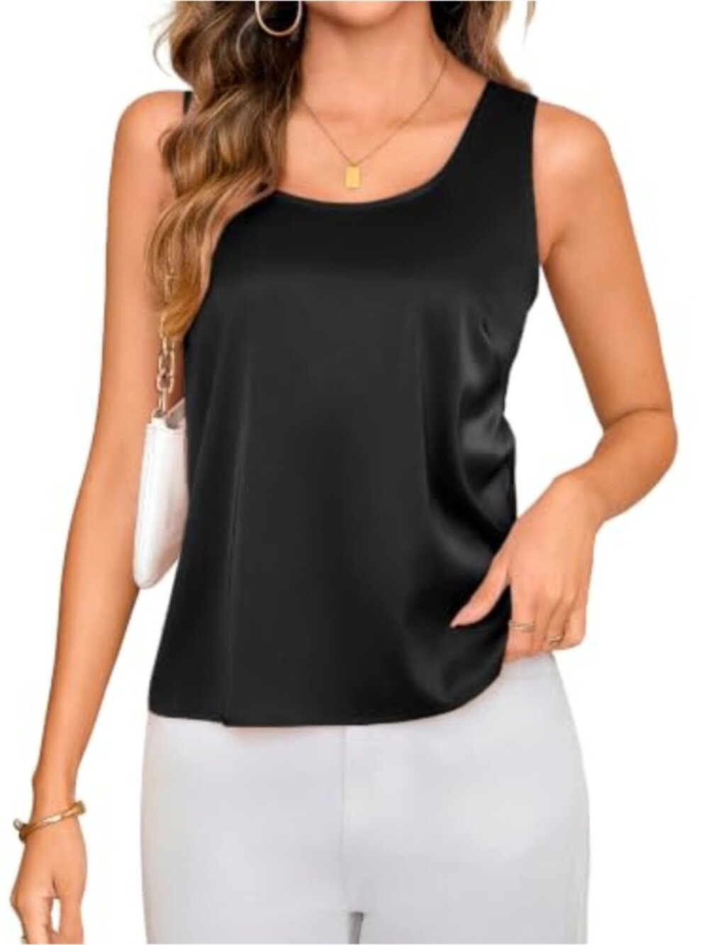 Silk Satin Scoop Neck Tank Top Sleeveless Loose Fit Summer Camisole
